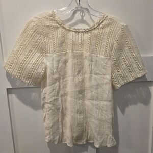 Mine Womens L Cream Crochet Lace Crinkle Blouse Top Boho Prarie Victorian Vtg